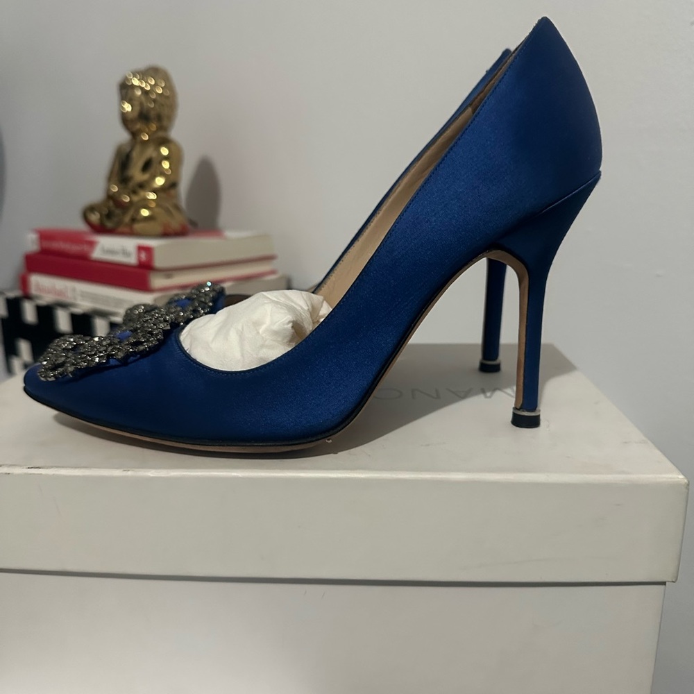 Manolo Blahnik Hangisi Royal Blue Satin Heels 105mm